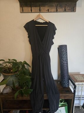 Black Flutter-Sleeve Surplice Jumpsuit